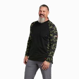 Men's Ariat FR AC Stretch Camo Baseball Shirts Black / Light Green Camo | ZRKX-58614