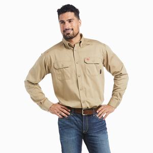 Men's Ariat FR Solid Shirts Khaki | TANC-42693