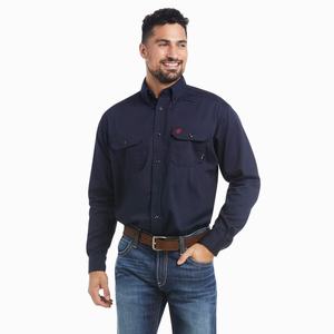 Men's Ariat FR Solid Shirts Navy | YKTW-38124