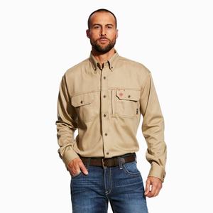 Men's Ariat FR Solid Vent Shirts Khaki | GZPT-28501