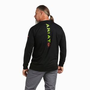 Men's Ariat FR Stretch Logo Shirts Black / Light Green | SZQN-86239