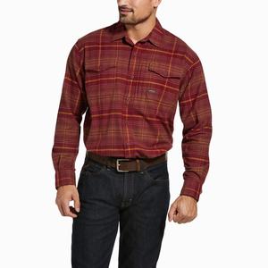 Men's Ariat Rebar Flannel DuraStretch Shirts Dark Red | WKGD-35617