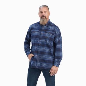 Men's Ariat Rebar Flannel DuraStretch Shirts Navy | YUMX-14509