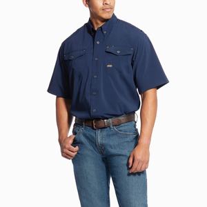 Men's Ariat Rebar Made Tough VentTEK DuraStretch Shirts Navy | MFEZ-87640