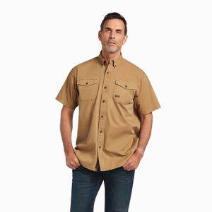 Men's Ariat Rebar Washed Twill Short Sleeve Khaki | HTBA-46532