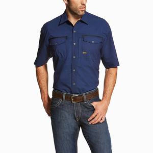 Men's Ariat Rebar Workman Shirts Navy | KANE-48762