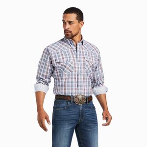 Men's Ariat Relentless Steely Stretch Classic Fit Snap Shirts Navy | EGVJ-58029