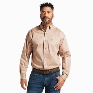 Men's Ariat Solid Twill Classic Fit Shirts Khaki | FBYD-91803