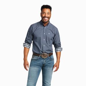 Men's Ariat Wrinkle Free Dov Fitted Shirts Blue | HQSJ-39261