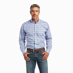 Men's Ariat Wrinkle Free Eliot Fitted Shirts Blue | NZEW-51297