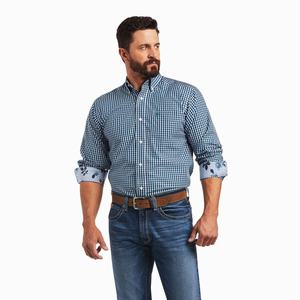 Men's Ariat Wrinkle Free Seamus Fitted Shirts Blue | DGZX-46793