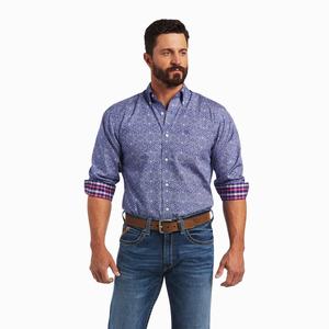 Men's Ariat Wrinkle Free Slater Fitted Shirts Blue | WXUH-18563