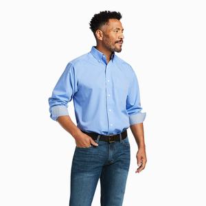 Men's Ariat Wrinkle Free Solid Pinpoint Oxford Classic Fit Shirts Blue | IRZH-70289