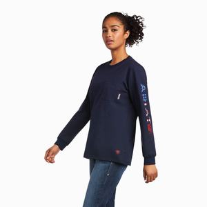 Women's Ariat FR Stretch Logo Shirts Navy | YZOM-61790