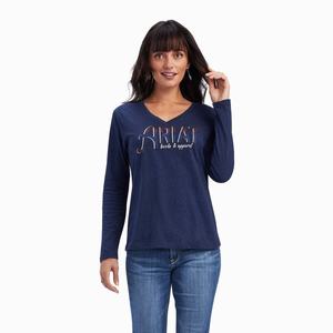 Women's Ariat REAL Chest Logo Relaxed Tops Navy | GPYE-69247