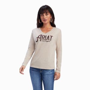 Women's Ariat REAL Chest Logo Relaxed Tops Beige | PATJ-01867