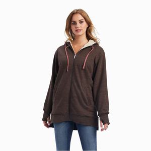 Women's Ariat REAL Sherpa Lined Long Full Zip Hoodie Brown | MVYZ-39648