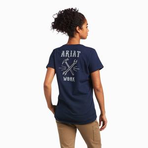 Women's Ariat Rebar Cotton Strong Wrench Graphic Tops Navy | MIFR-71269