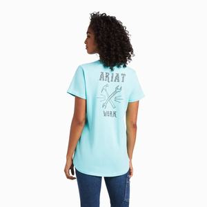 Women's Ariat Rebar Cotton Strong Wrench Graphic Tops Light Turquoise Blue | WLGN-51283