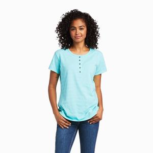 Women's Ariat Rebar Henley Tops Light Turquoise Blue | KYCG-59682