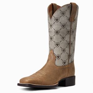 Women's Ariat Round Up Wide Square Toe Western Boots Brown | QHXP-45971