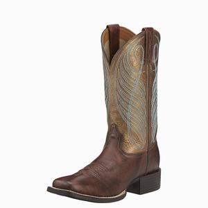 Women's Ariat Round Up Wide Square Toe Western Boots Brown | WHYF-56347