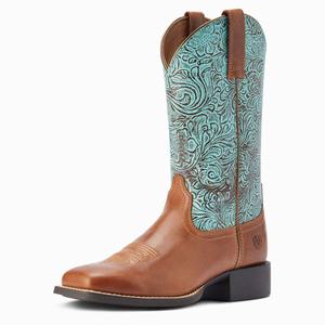 Women's Ariat Round Up Wide Square Toe Western Boots Brown | YQBE-07248