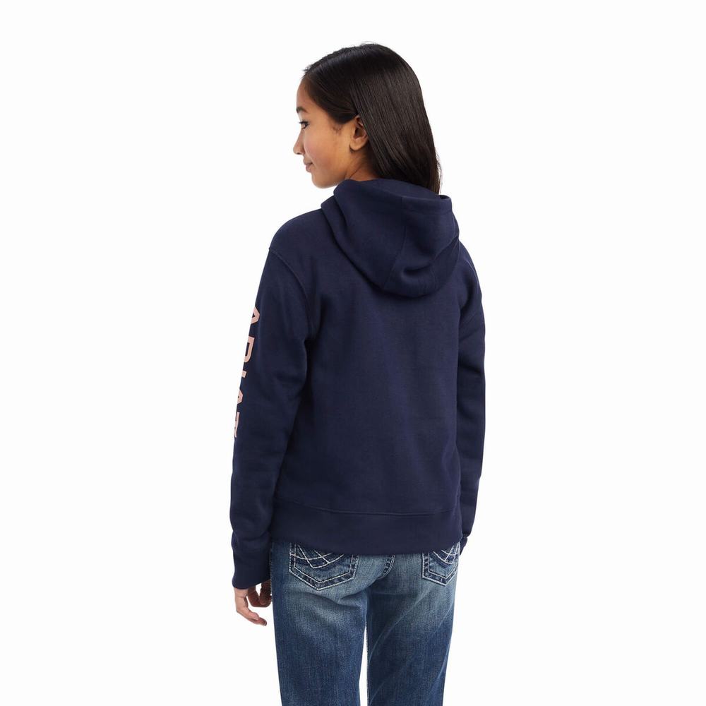 Kids' Ariat REAL Arm Logo Hoodie Navy | MUDR-64308