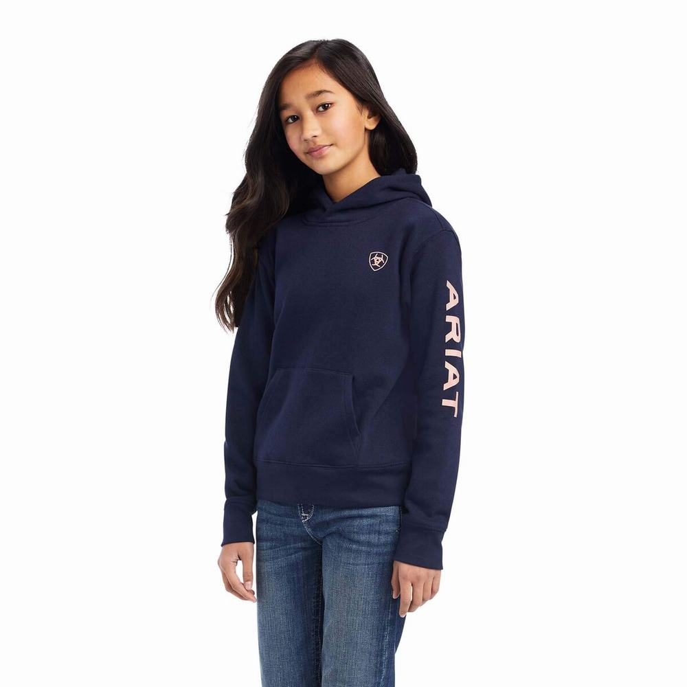 Kids\' Ariat REAL Arm Logo Hoodie Navy | MUDR-64308