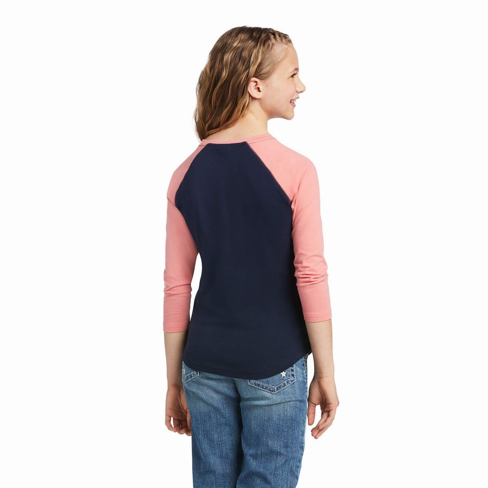 Kids' Ariat REAL Firebird BB LS Polo Shirts Navy / Coral | HOBG-25047