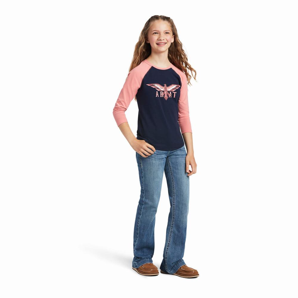 Kids' Ariat REAL Firebird BB LS Polo Shirts Navy / Coral | HOBG-25047