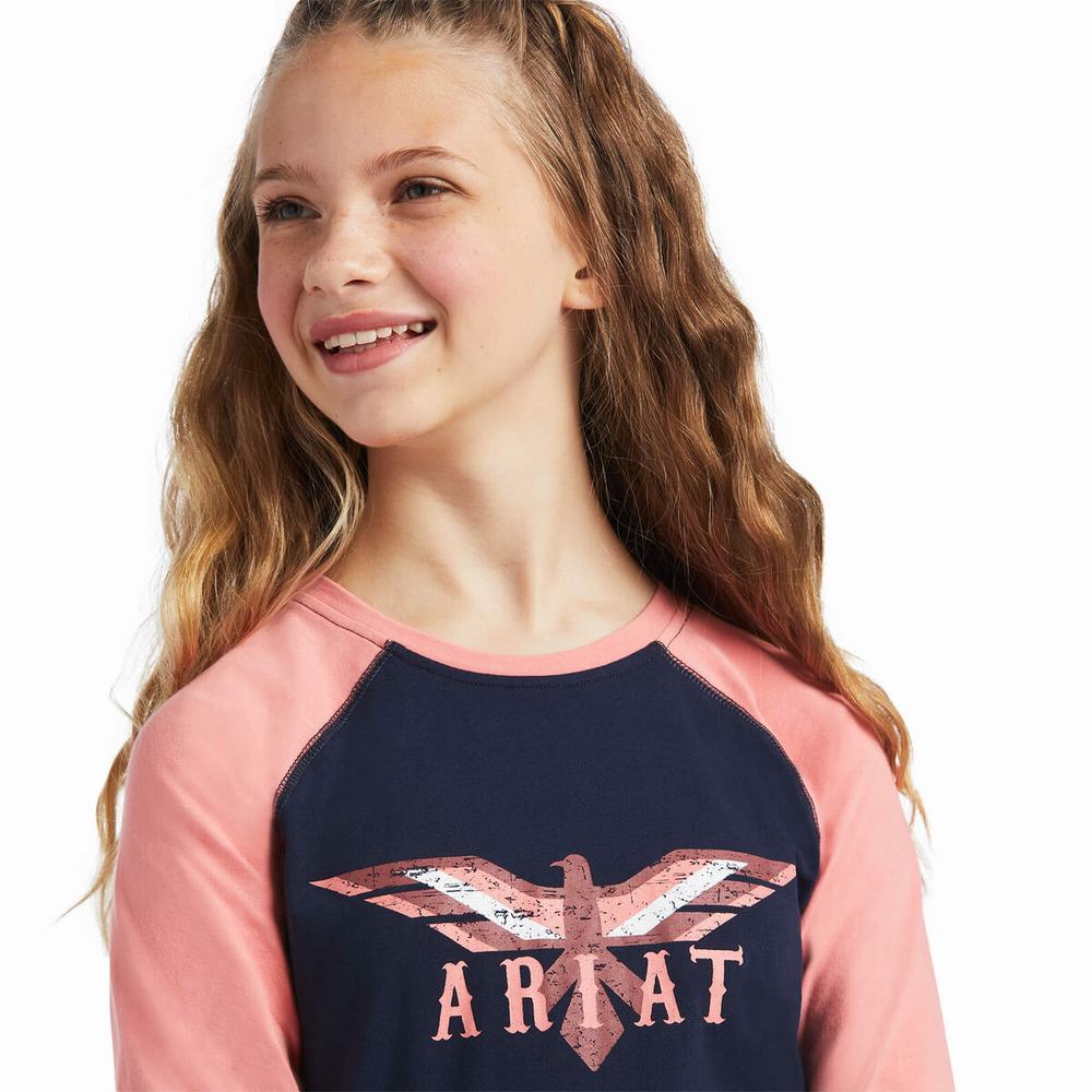 Kids' Ariat REAL Firebird BB LS Polo Shirts Navy / Coral | HOBG-25047