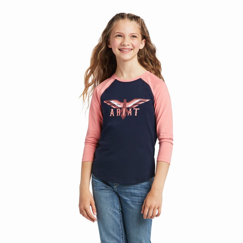 Kids\' Ariat REAL Firebird BB LS Polo Shirts Navy / Coral | HOBG-25047