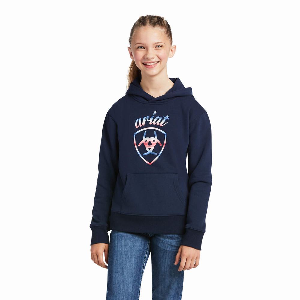 Kids\' Ariat REAL Serape Logo Hoodie Navy | ZESU-15296