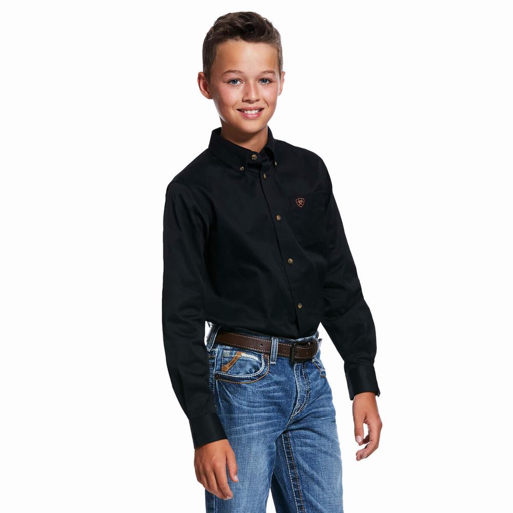 Kids\' Ariat Solid Twill Classic Fit Shirts Black | IMRH-65729