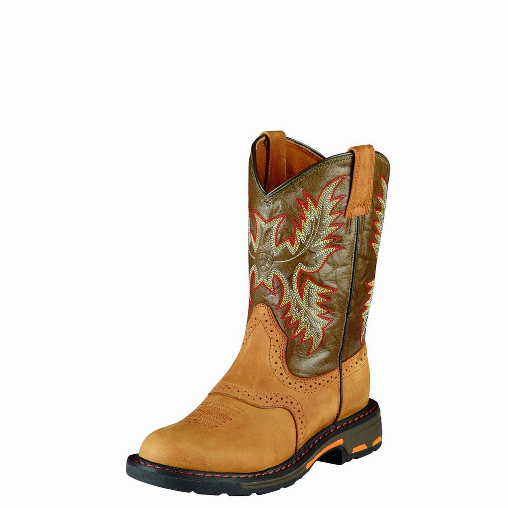 Kids\' Ariat WorkHog Pull On Western Boots Brown | NHDY-87256