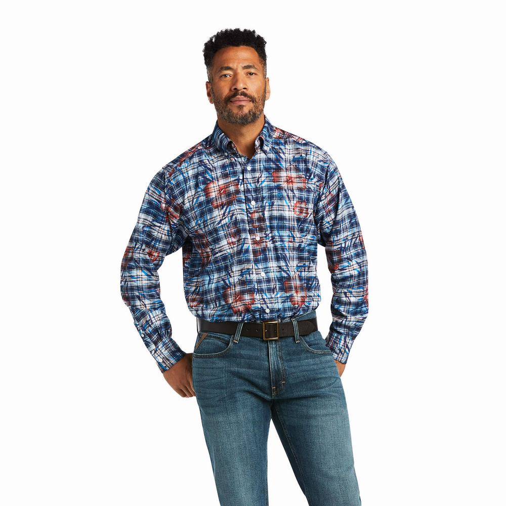 Men\'s Ariat August Classic Fit Shirts Blue | XFWM-53729