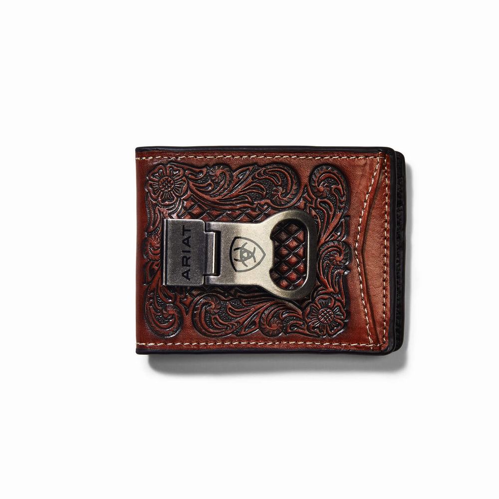 Men\'s Ariat Bifold W/ Clip Diamond Plate Wallets Brown | JMUX-74819