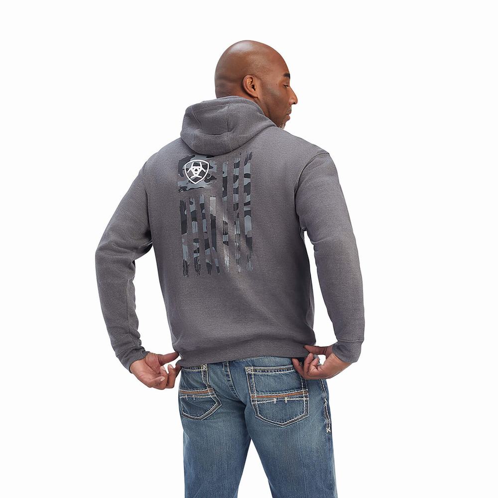 Men's Ariat Camo Flag Hoodie Grey | HWJR-78420