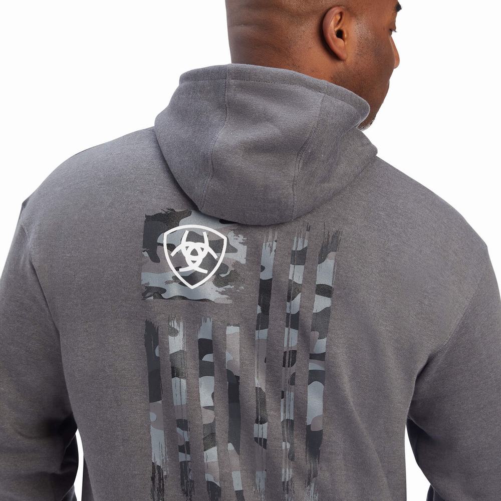 Men's Ariat Camo Flag Hoodie Grey | HWJR-78420