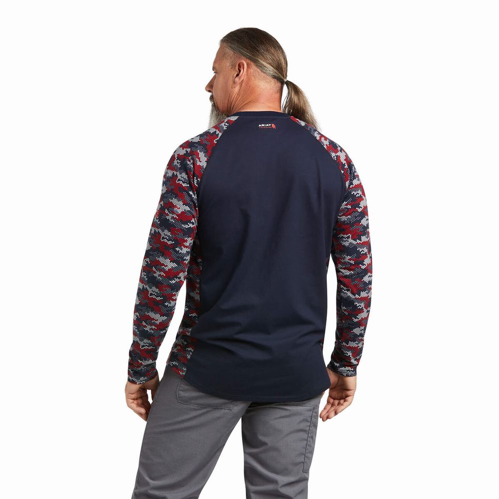 Men's Ariat FR AC Stretch Camo Baseball Shirts Navy / White / Red Camo | QHPF-03269