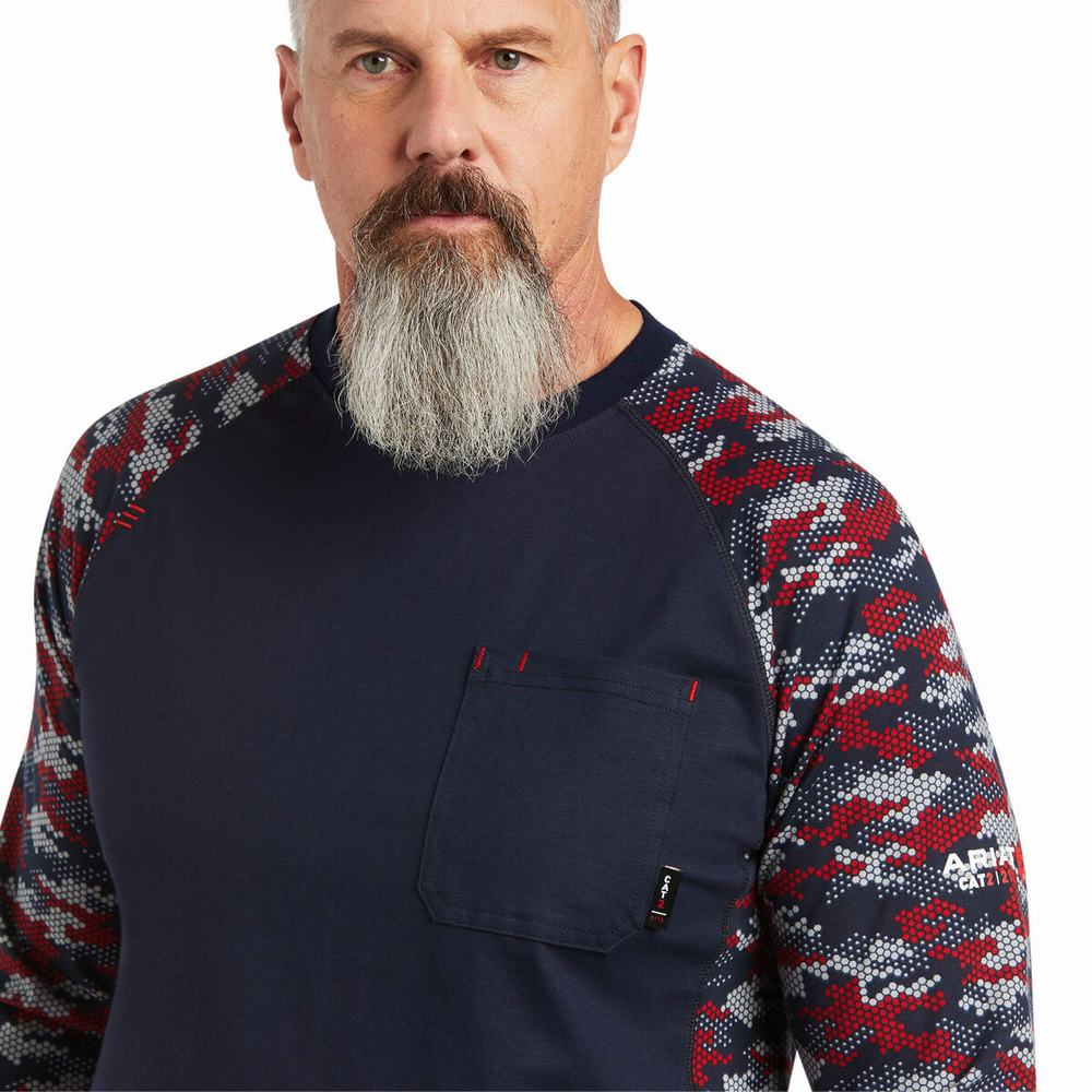 Men's Ariat FR AC Stretch Camo Baseball Shirts Navy / White / Red Camo | QHPF-03269