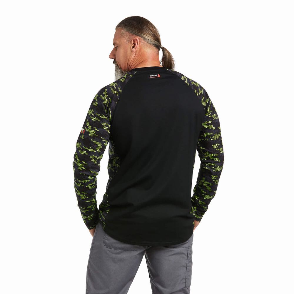 Men's Ariat FR AC Stretch Camo Baseball Shirts Black / Light Green Camo | ZRKX-58614