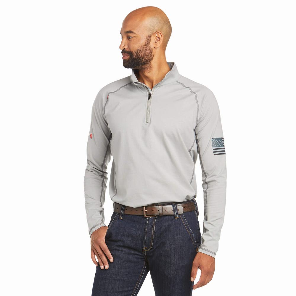 Men\'s Ariat FR Combat Stretch Patriot 1/4 Zip Shirts Silver | EZGM-13052