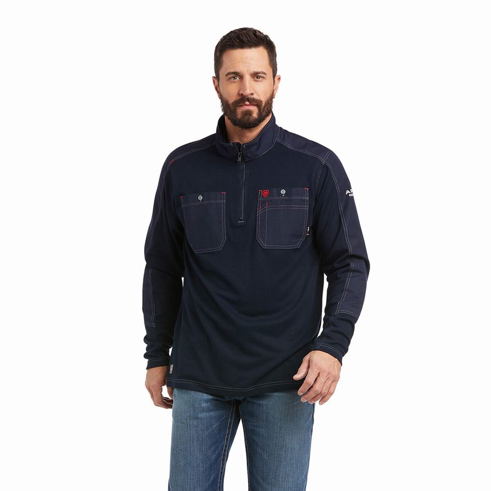 Men\'s Ariat FR DuraLight 1/4 Zip Shirts Navy | XLYU-48319