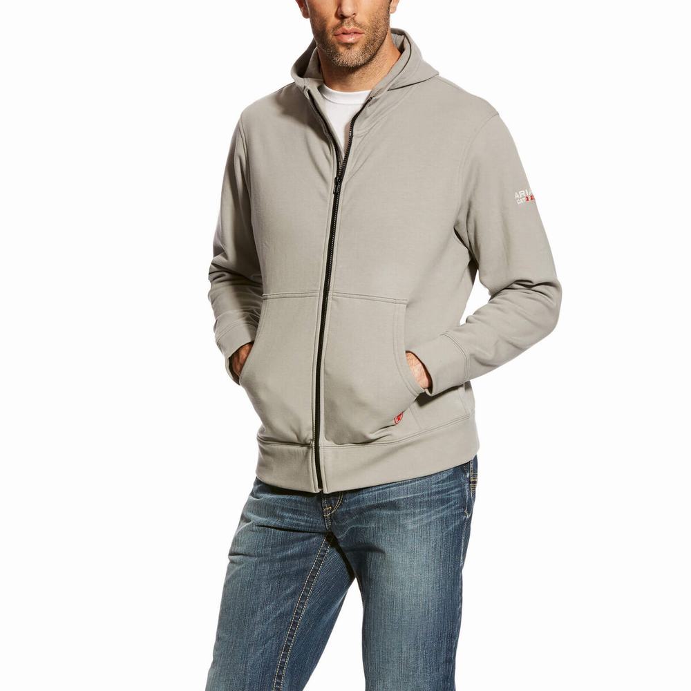 Men\'s Ariat FR DuraStretch Full Zip Hoodie Silver | NLPG-98576