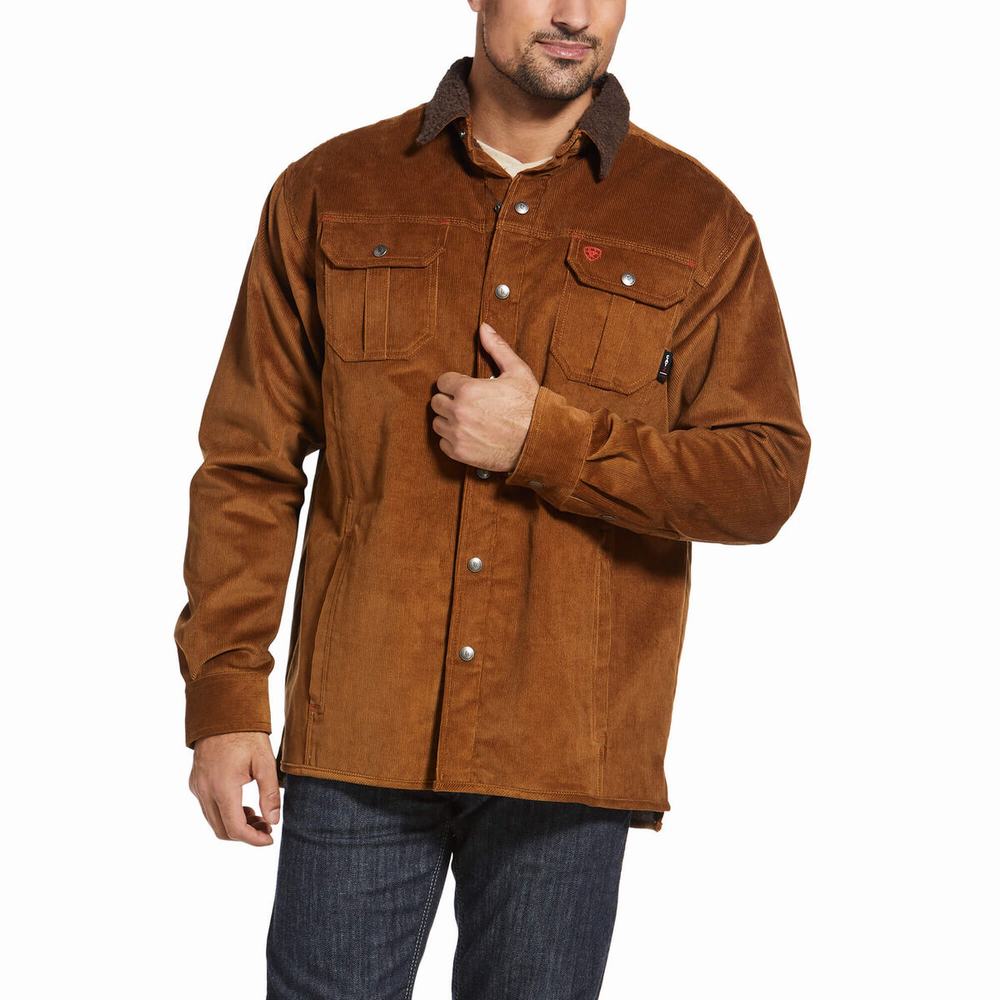 Men\'s Ariat FR DuraStretch Sherpa-lined Corduroy Jackets Brown | EORY-68547