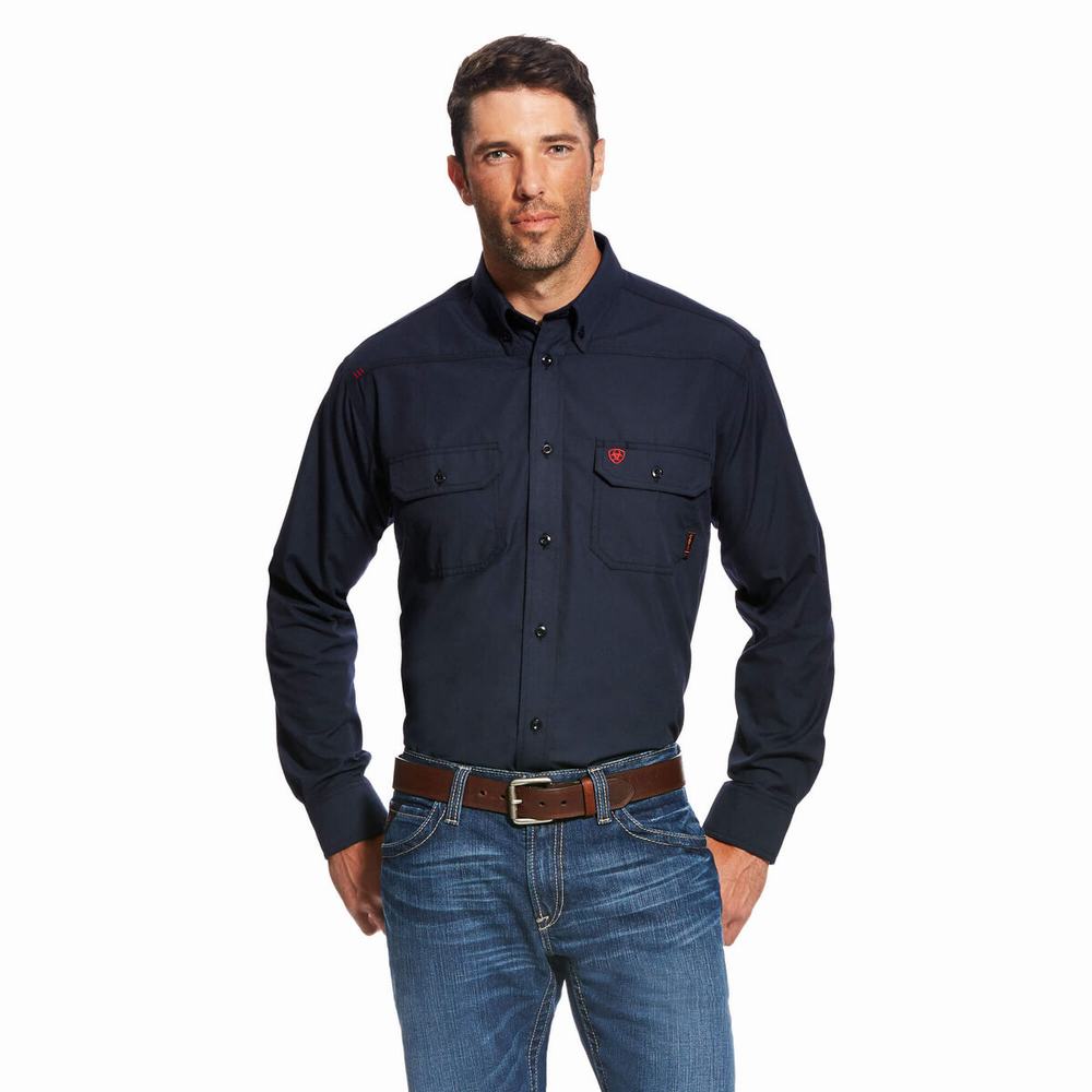 Men\'s Ariat FR Featherlight Shirts Navy | MJEZ-89107