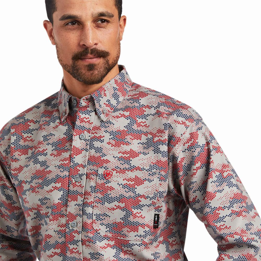 Men's Ariat FR Geo Camo DuraStretch Shirts Blue | IGOT-43627