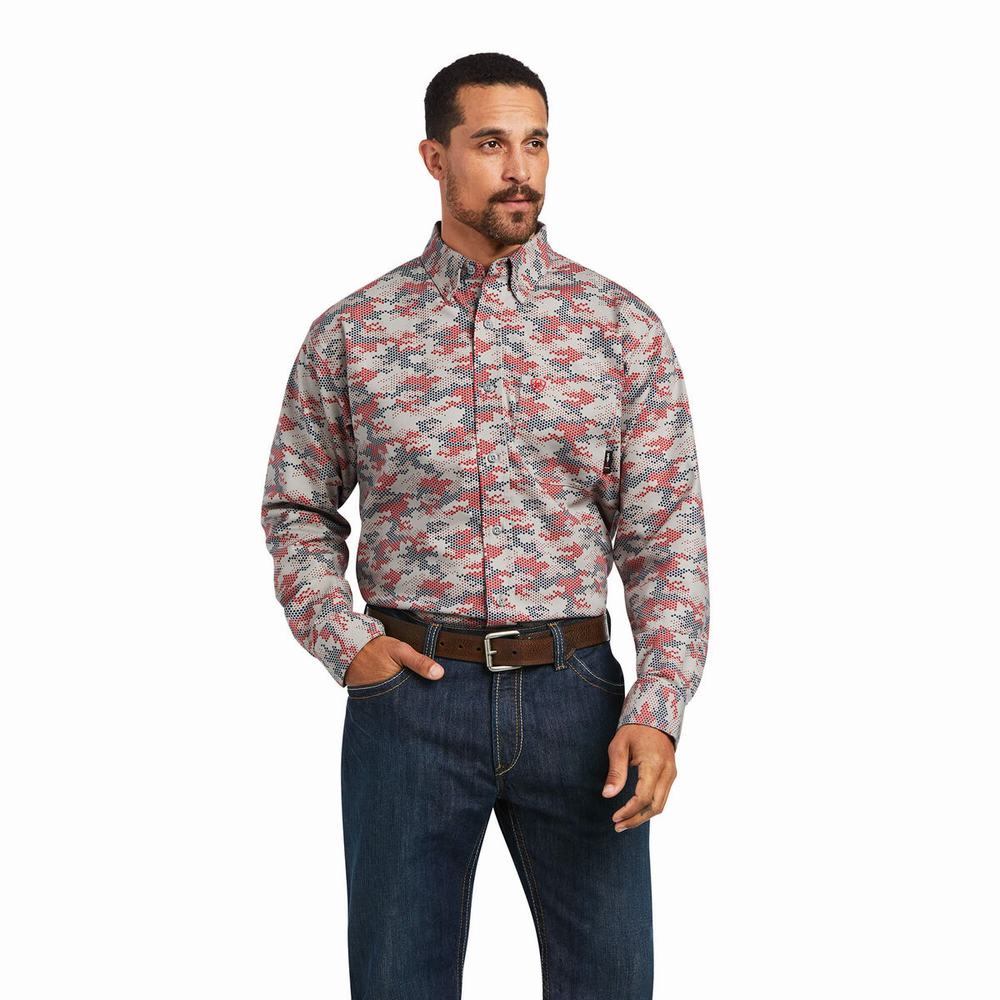 Men\'s Ariat FR Geo Camo DuraStretch Shirts Blue | IGOT-43627